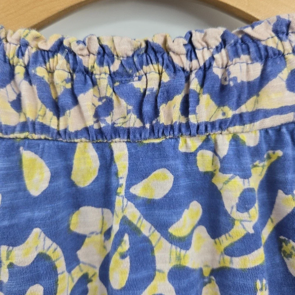 Free People Top On The Block Small Blue Cotton Batik Print Smocked Wide‎ Sleeve